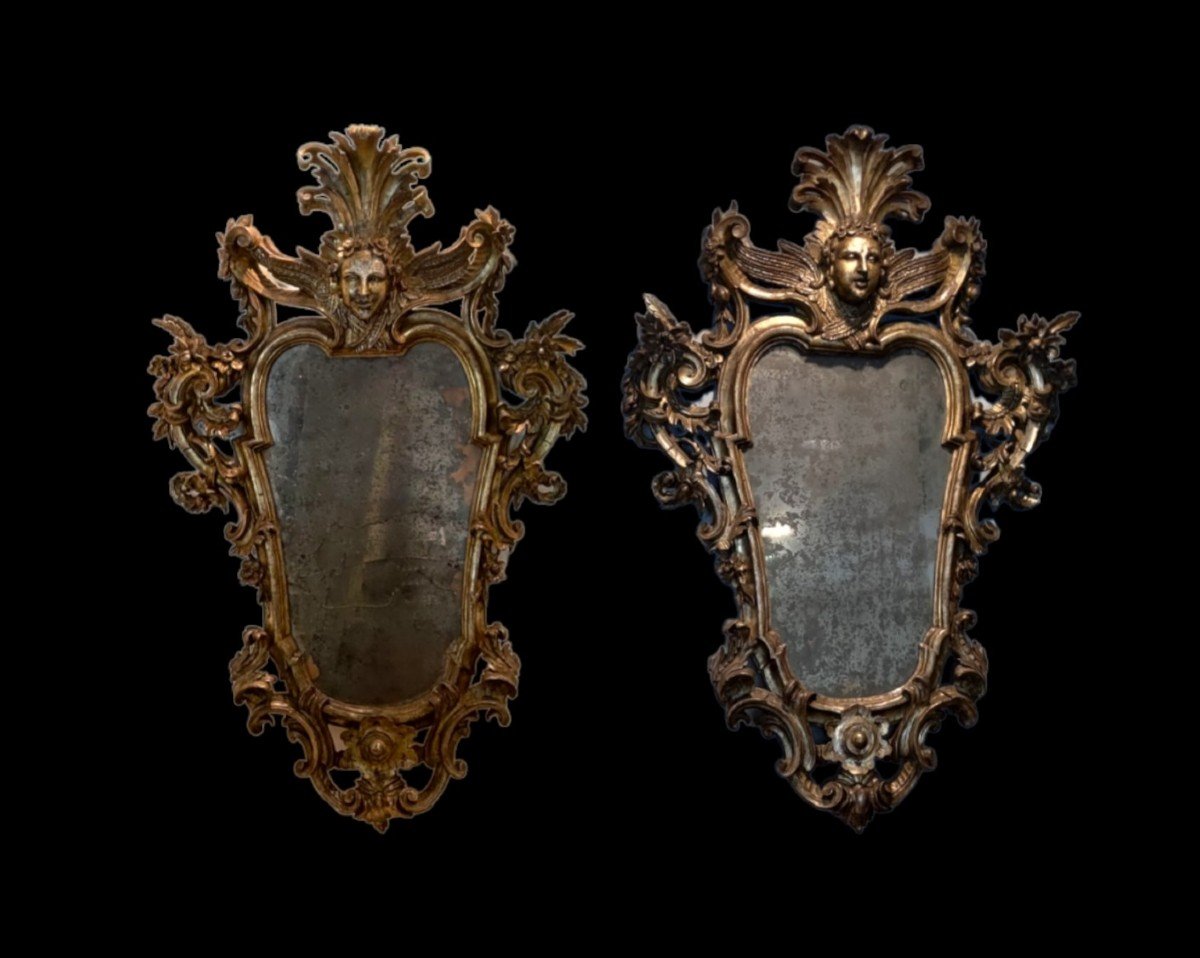 Importante Coppia di Specchiere in Legno Intagliato, Argento e Mecca, Luigi XIV, XVIII Secolo