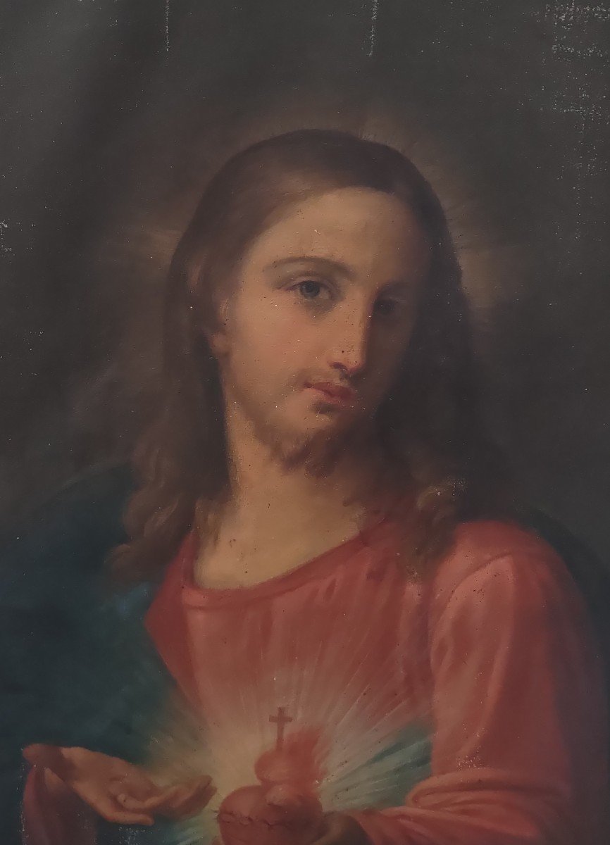 Dipinto raffigurante Cristo, XIX secolo. Olio su Tela con cornice in stucco dorato-photo-1
