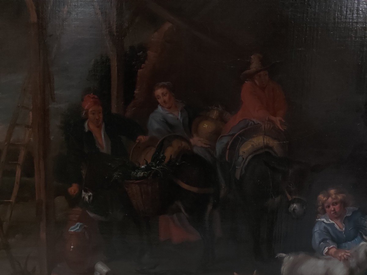 Dipinto di scuola olandese del XVII secolo, scena di genere, con cornice in legno-photo-3