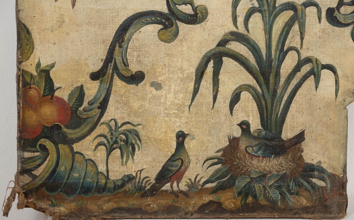 Pannelli di boiserie su tela, decorati con cesti e vasi di fiori, uccelli e fogliame, XVIII sec-photo-1