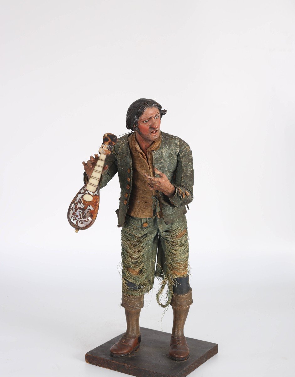 Personaggio del Presepe Napoletano "Pastore con Chitarra", Canapa, Terracotta e Legno. 18-photo-2