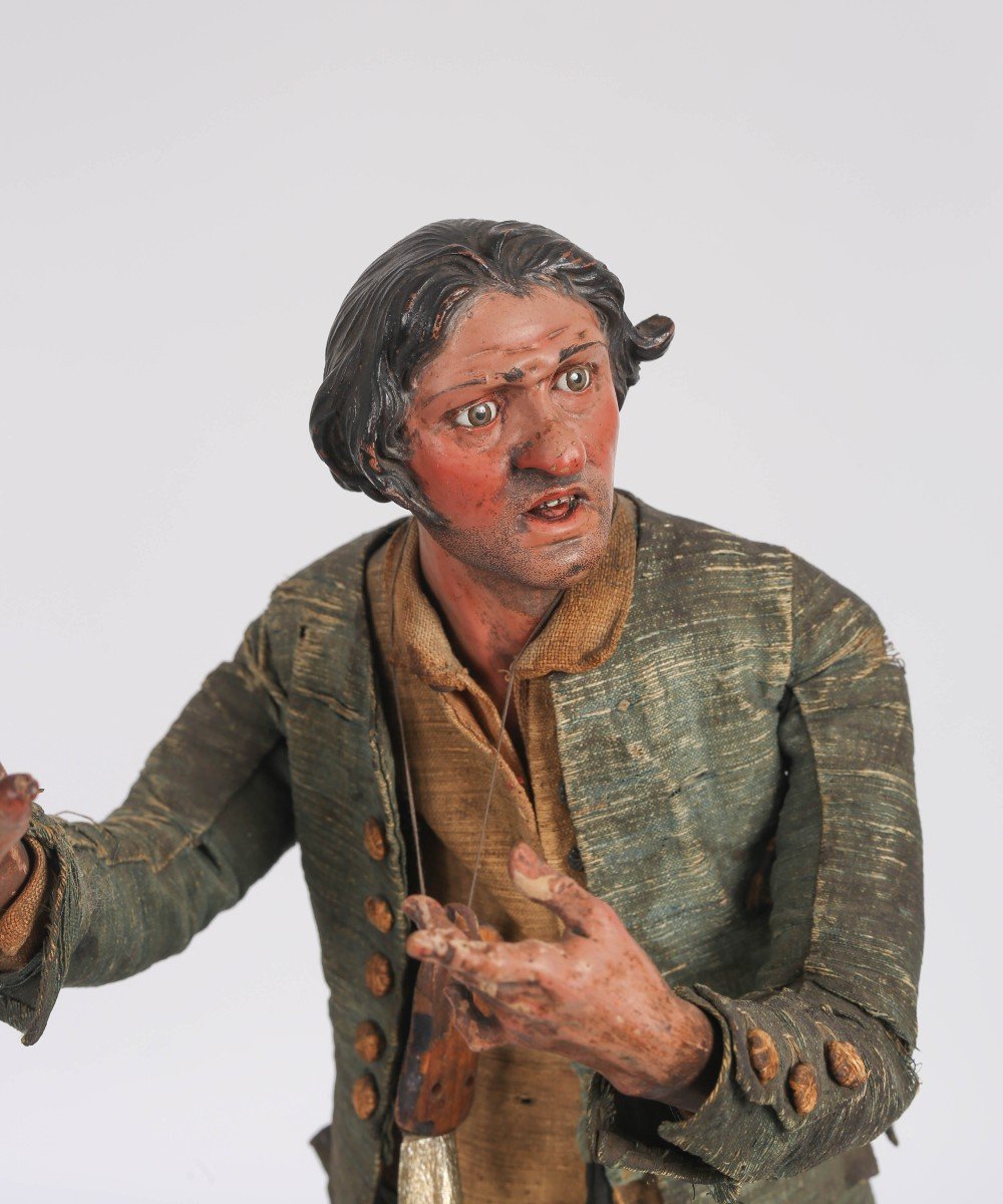 Personaggio del Presepe Napoletano "Pastore con Chitarra", Canapa, Terracotta e Legno. 18