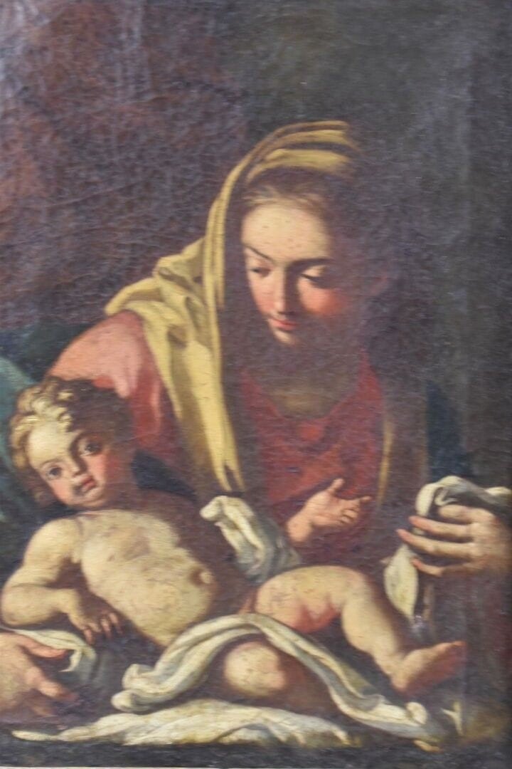 Scuola italiana del XVIII secolo Madonna col Bambino, olio su tela.  Dimensioni: 47 x 34 cm-photo-1
