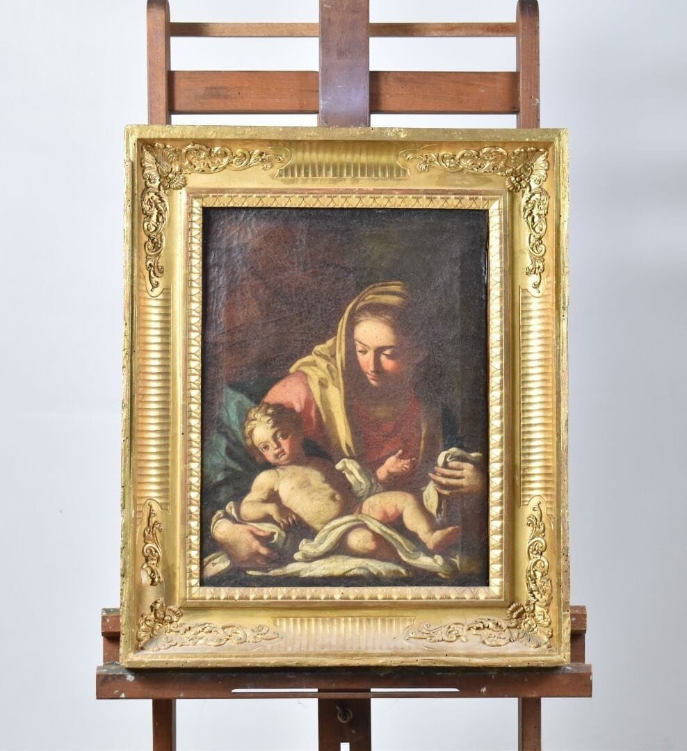 Scuola italiana del XVIII secolo Madonna col Bambino, olio su tela.  Dimensioni: 47 x 34 cm