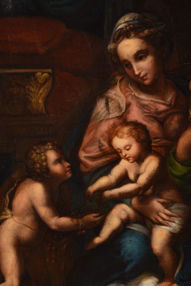 "La Sacra Famiglia", olio su tela raffigurante Maria, Elisabetta,Gesù e Giovanni Battista,XVIII-photo-3
