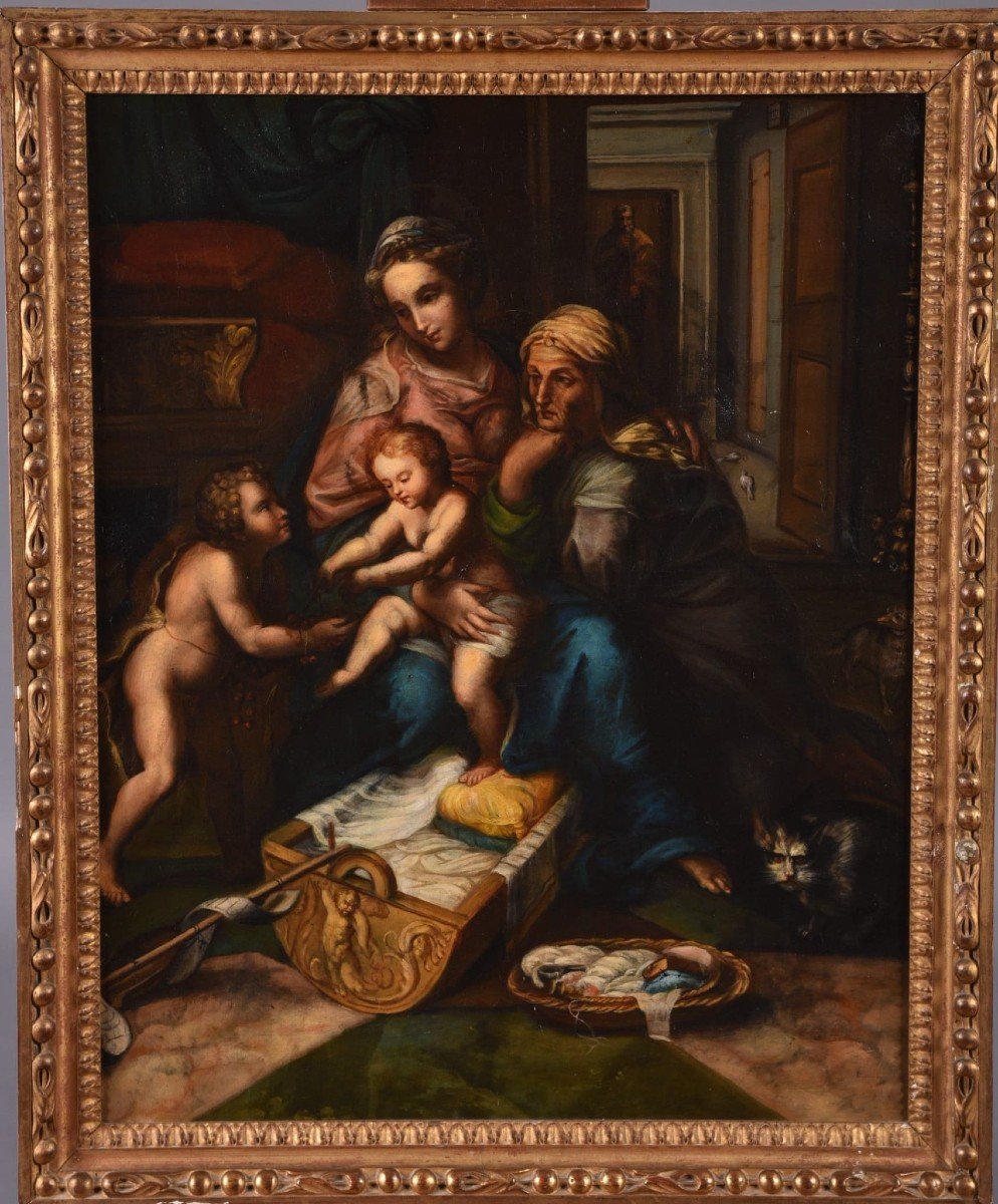 "La Sacra Famiglia", olio su tela raffigurante Maria, Elisabetta,Gesù e Giovanni Battista,XVIII