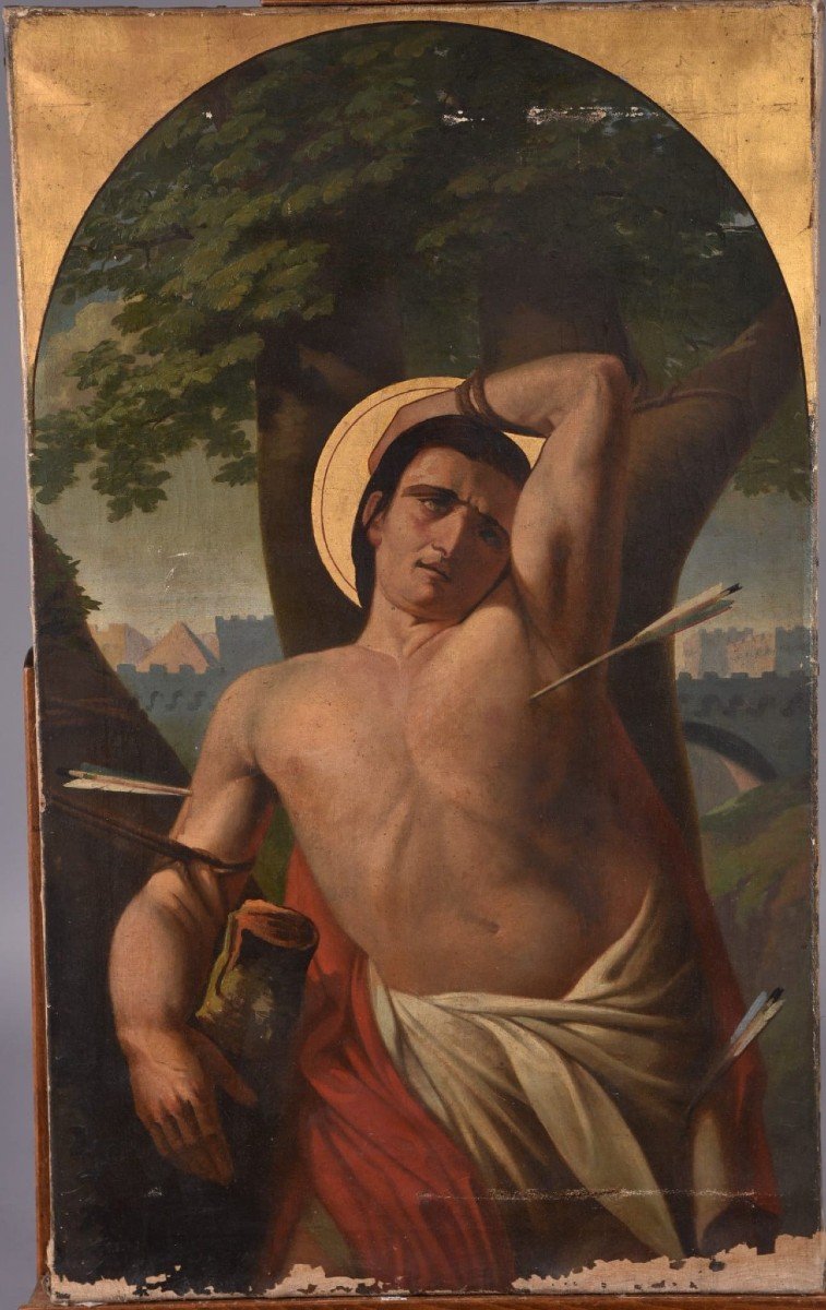 “San Sebastiano”.  Olio su tela firmato in basso  a sinistra e datato 1884. (Dim.: 76,5 x 46)