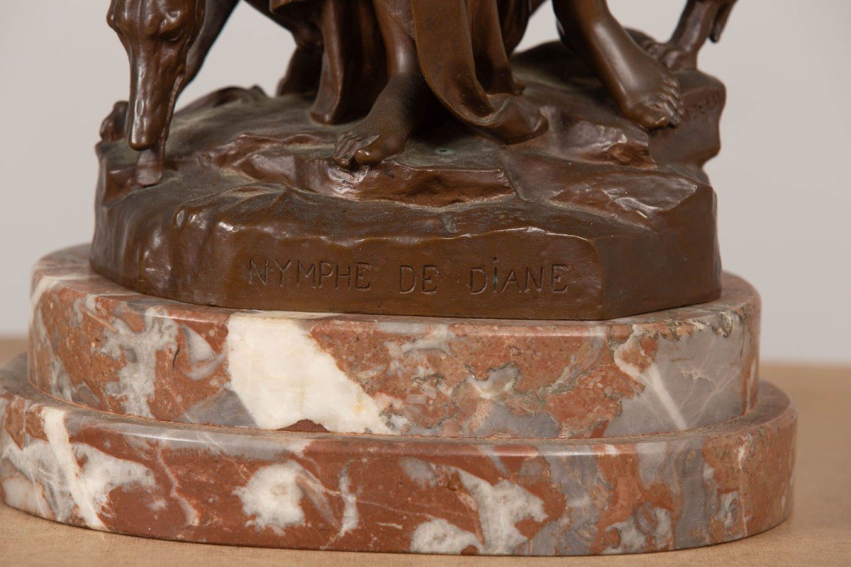 AIZELIN,XIX secolo,Ninfa di Diana,bronzo con patina medaglietta,firmata e titolata sulla base-photo-2