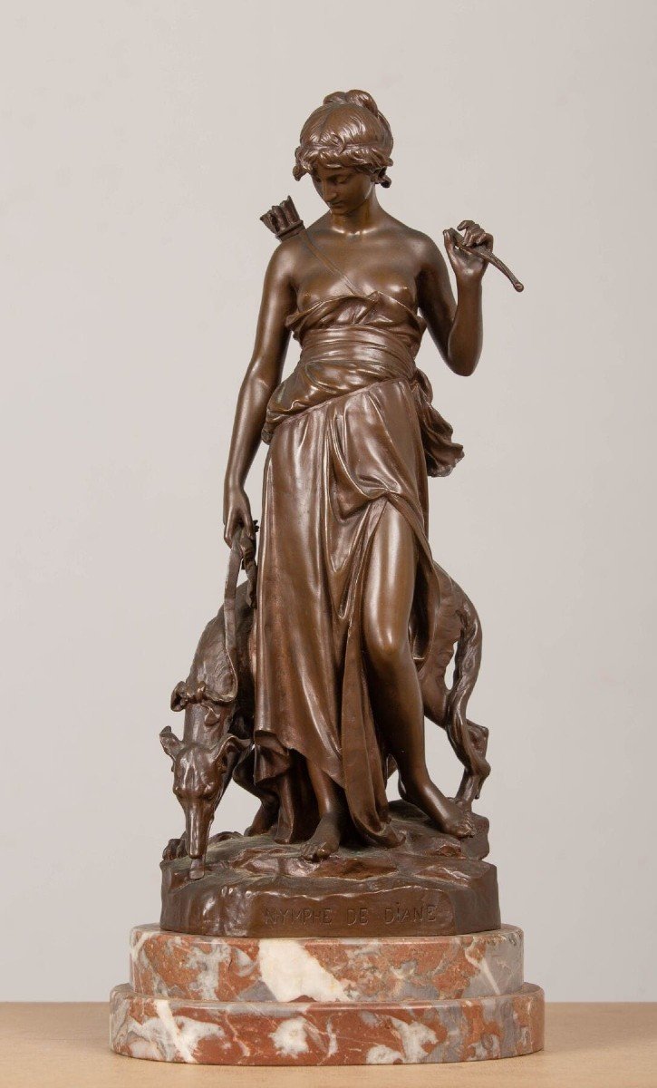 AIZELIN,XIX secolo,Ninfa di Diana,bronzo con patina medaglietta,firmata e titolata sulla base-photo-4