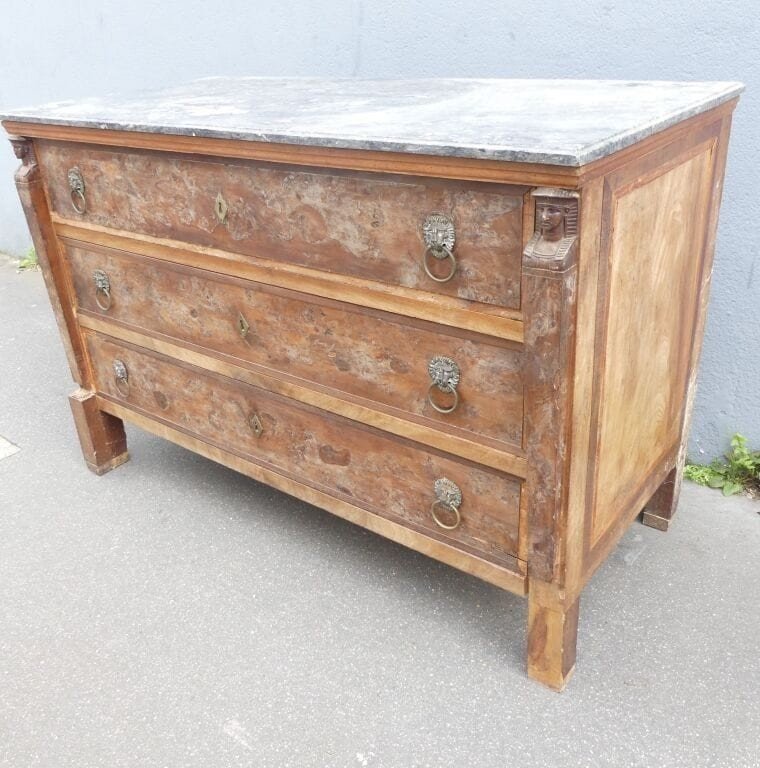Cassettiera d'Egitto, mogano, impiallacciatura di mogano,decoro cariatidi,marmo grigio, Impero -photo-1