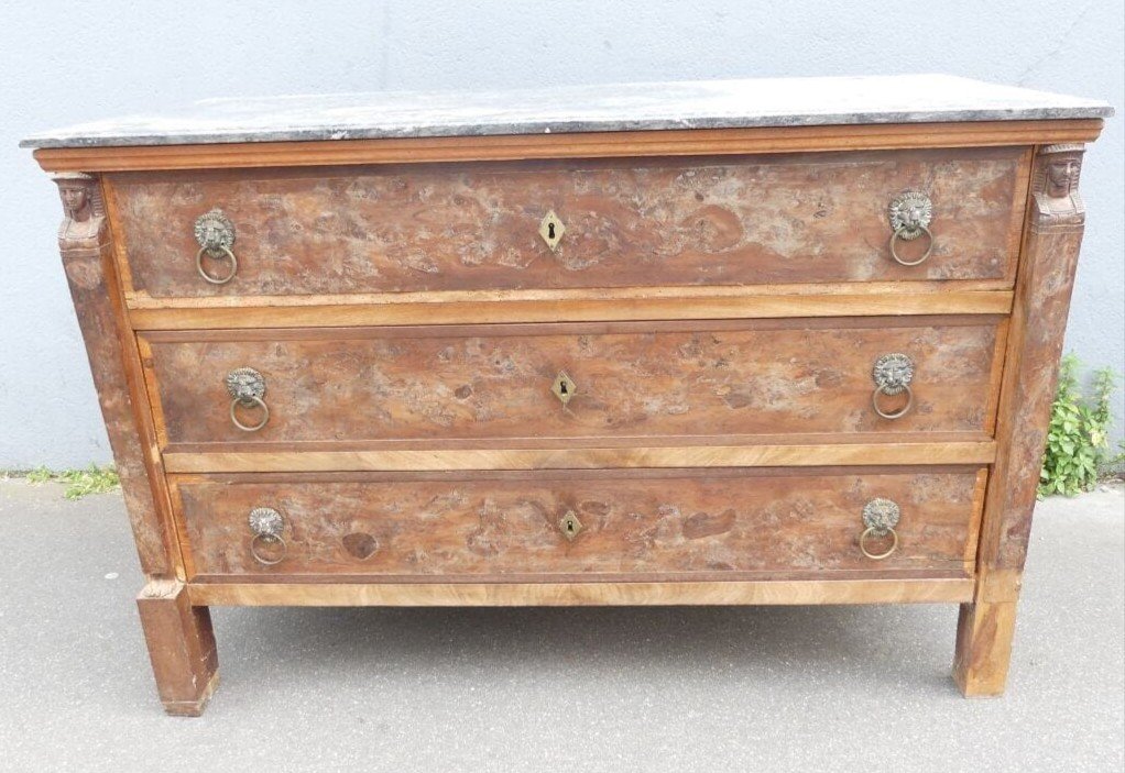 Cassettiera d'Egitto, mogano, impiallacciatura di mogano,decoro cariatidi,marmo grigio, Impero 