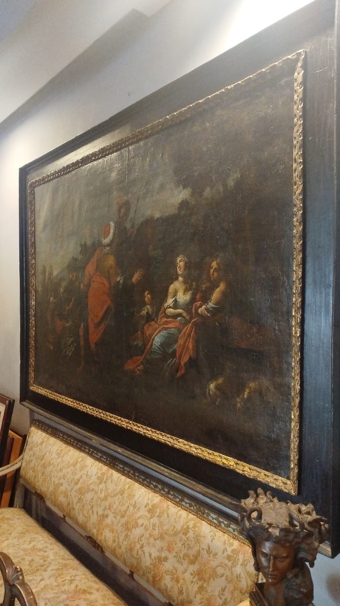 Scuola romana intorno 1650, Labano in cerca degli idoli nella valigia di Giacobbe Olio su tela-photo-2