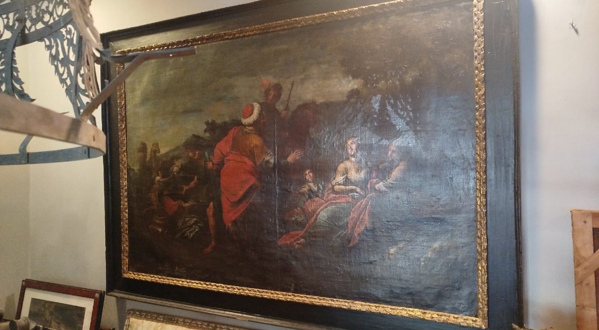 Scuola romana intorno 1650, Labano in cerca degli idoli nella valigia di Giacobbe Olio su tela