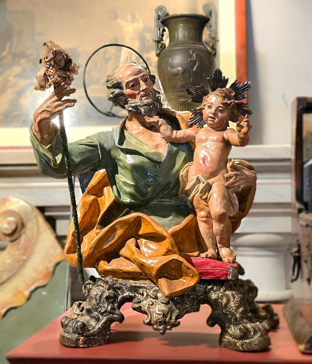 Gruppo in terracotta, San Giuseppe col Bambino benedicente. Napoli del XVIII secolo