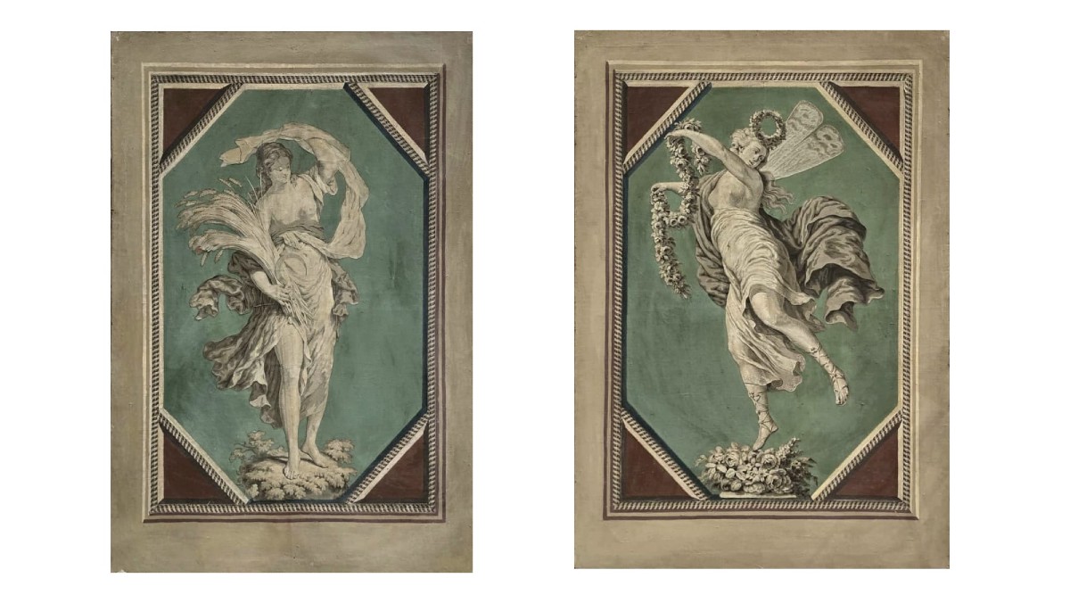 Coppia di grisaglie neoclassiche, XVIII secolo, olio su tela