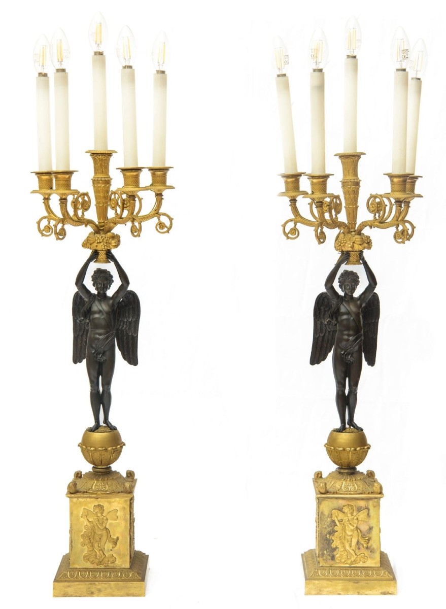 Coppia di candelabri a cinque fiamme Francia, epoca Impero, inizio XIX secolo