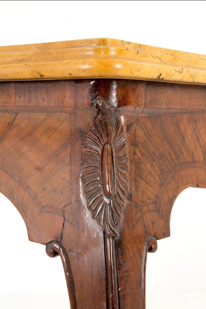 Consolle in legno con piano in marmo giallo Siena e specchiera, XVIII secolo-photo-1