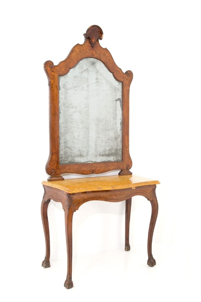 Consolle in legno con piano in marmo giallo Siena e specchiera, XVIII secolo