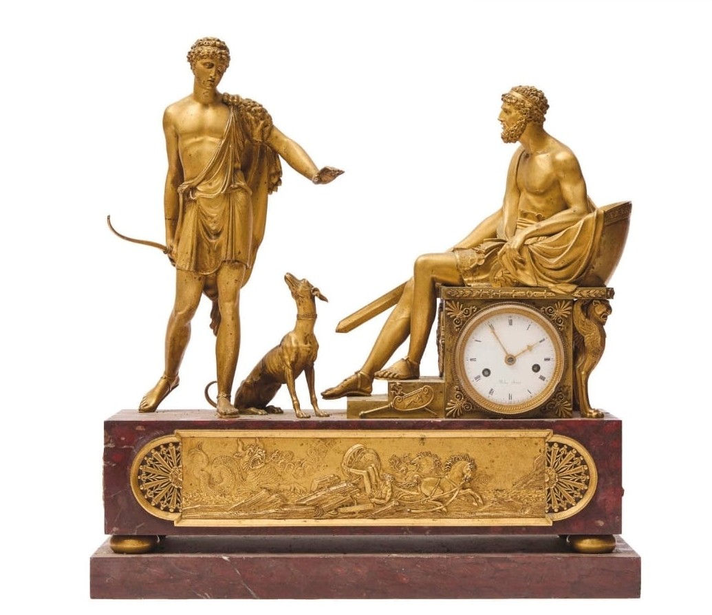 Orologio raffigurante lo scontro tra il re di Atene e Ippolito, marmo e bronzo, Impero