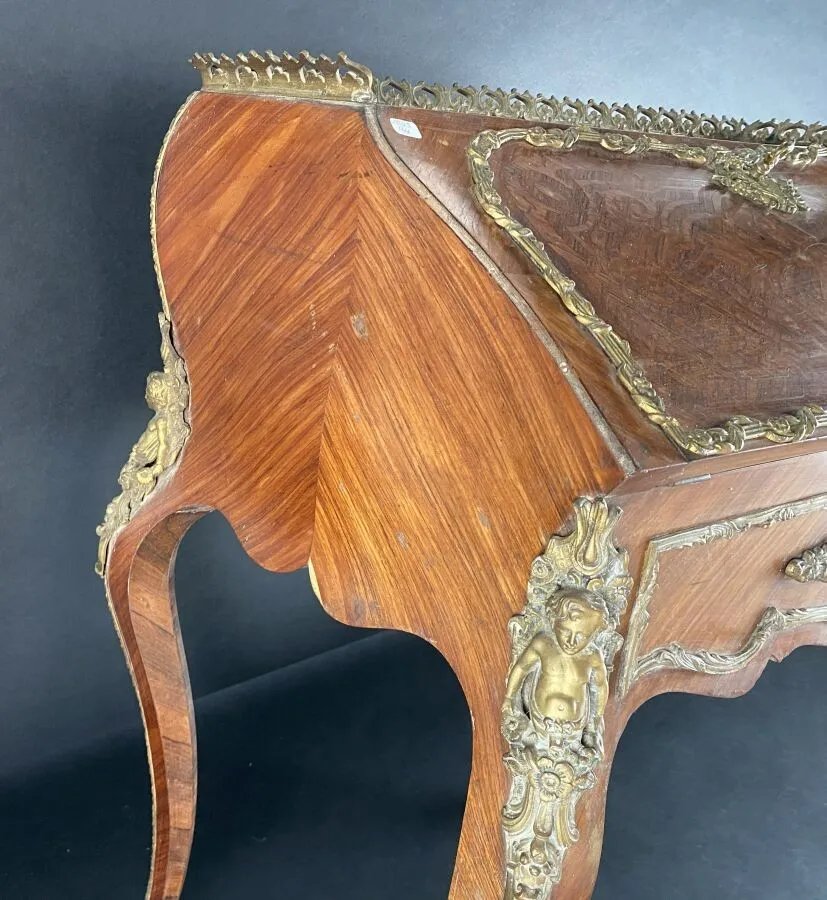 Bureau à pente a forma mosso in legno lastronato, stile Luigi XV-photo-4