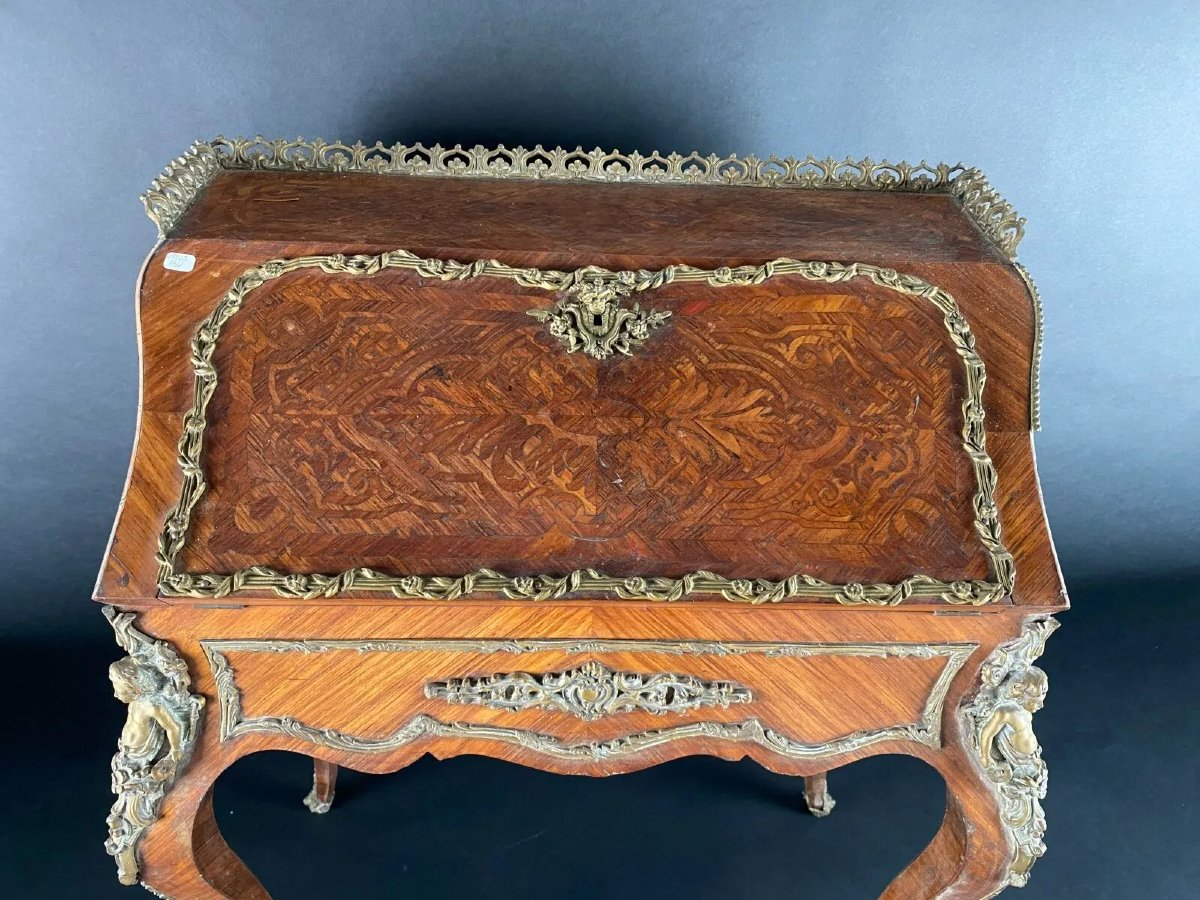 Bureau à pente a forma mosso in legno lastronato, stile Luigi XV-photo-2