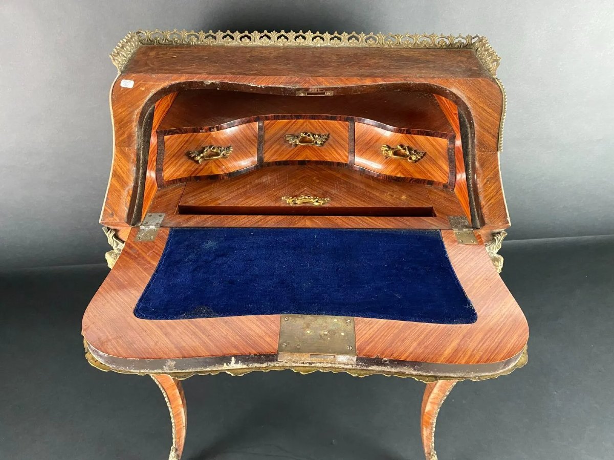 Bureau à pente a forma mosso in legno lastronato, stile Luigi XV-photo-3