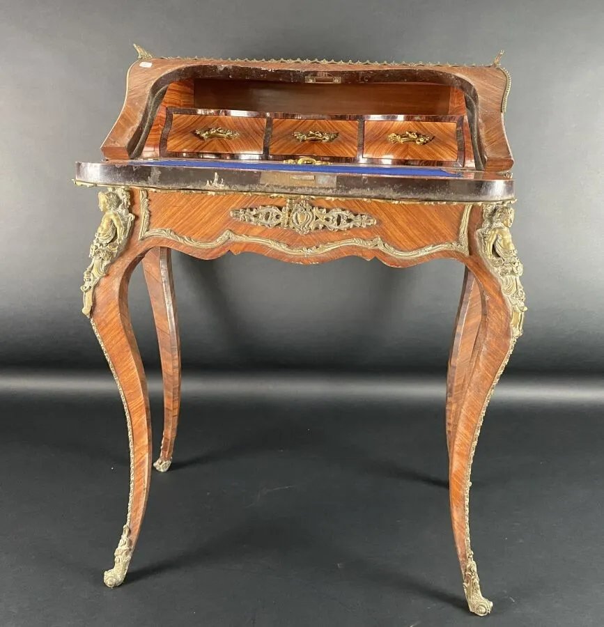 Bureau à pente a forma mosso in legno lastronato, stile Luigi XV-photo-4