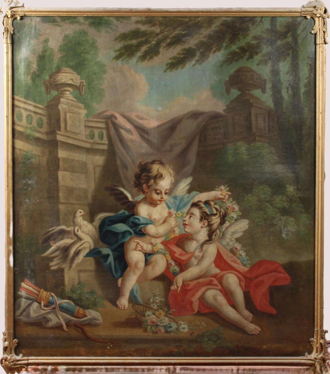 SCUOLA FRANCESE della seconda metà del XVIII secolo “Amori intreccianti ghirlande di fiori”