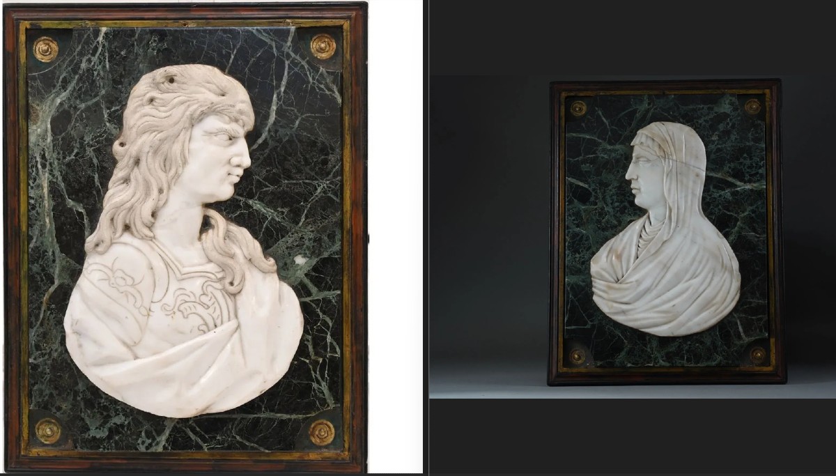 Profili in Marmo: Eracle con Copricapo di Leone e Vestale in Bassorilievo