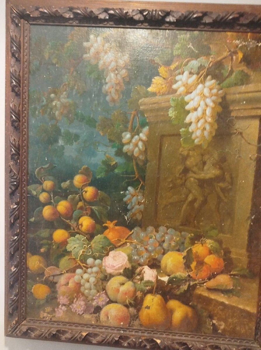 Olio su tela – Natura morta con fiori e frutta, XIX secolo – 58 × 75 cm