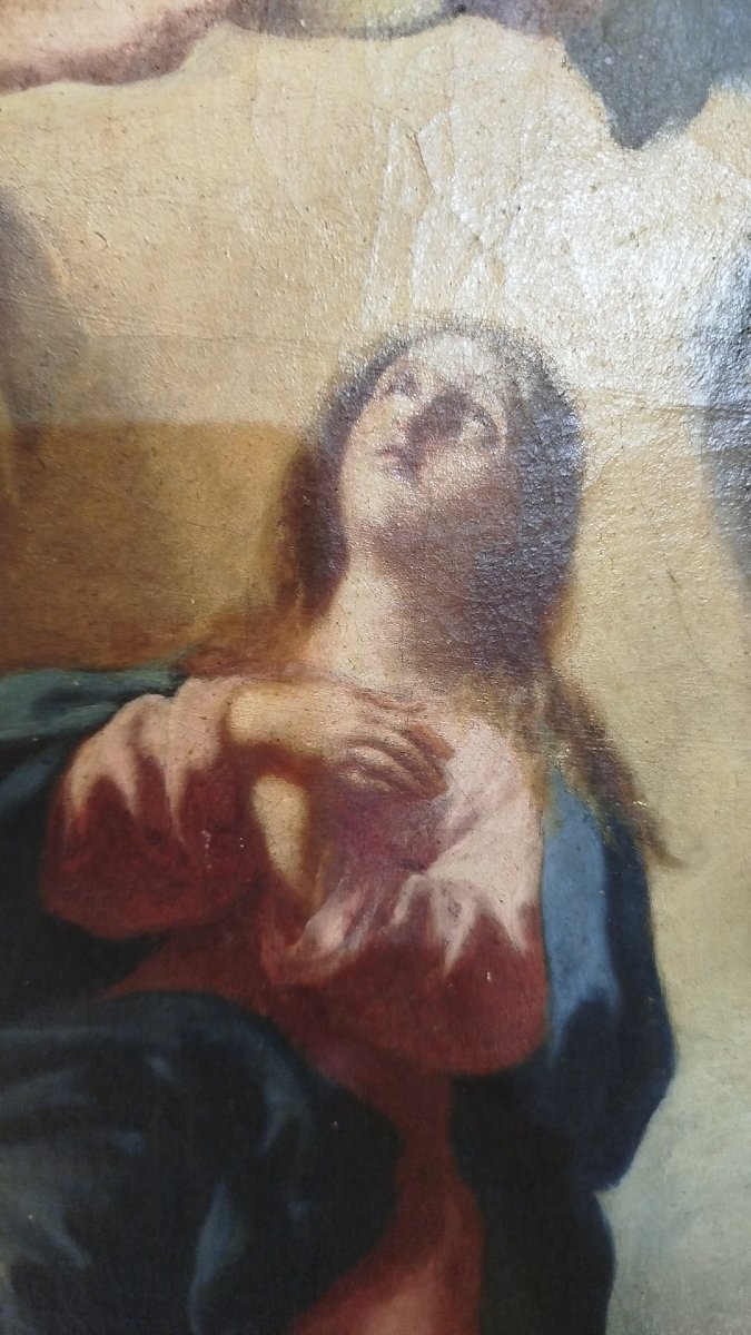 Olio su tela raffigurante l’Incoronazione della Madonna – Napoli, XVII secolo-photo-2