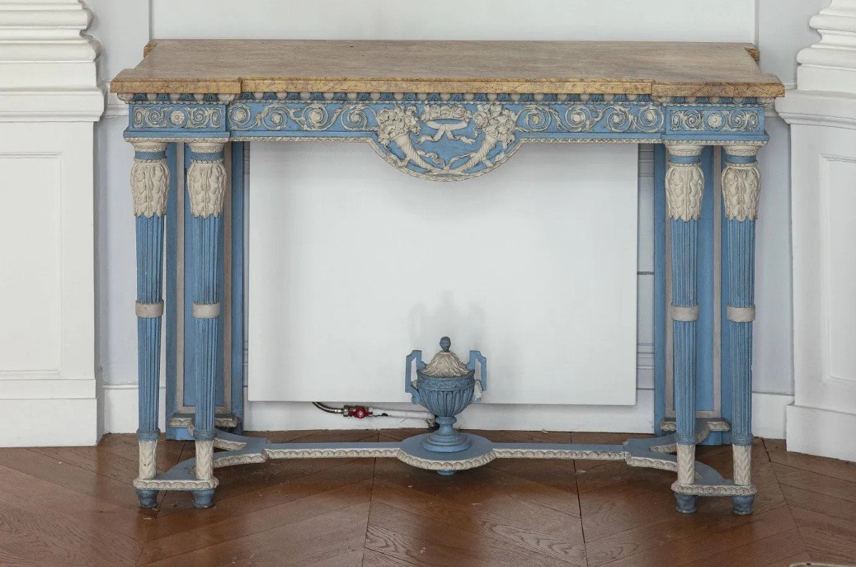 Coppia di console neoclassiche in legno scolpito, laccato blu Wedgwood-photo-2