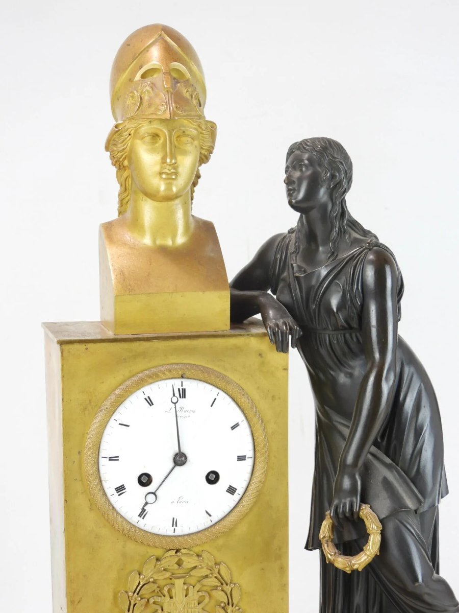 Pendola Impero in bronzo dorato e patinato, firmata L. Ravrio – Parigi, ca. 1815-photo-3