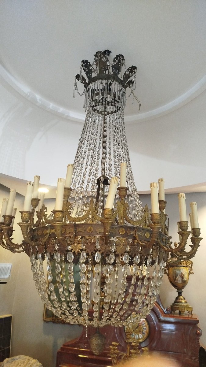 Importante lampadario Impero d’epoca in bronzo dorato e cristallo-photo-2