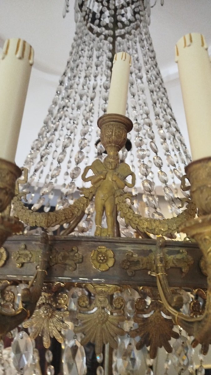 Importante lampadario Impero d’epoca in bronzo dorato e cristallo-photo-3
