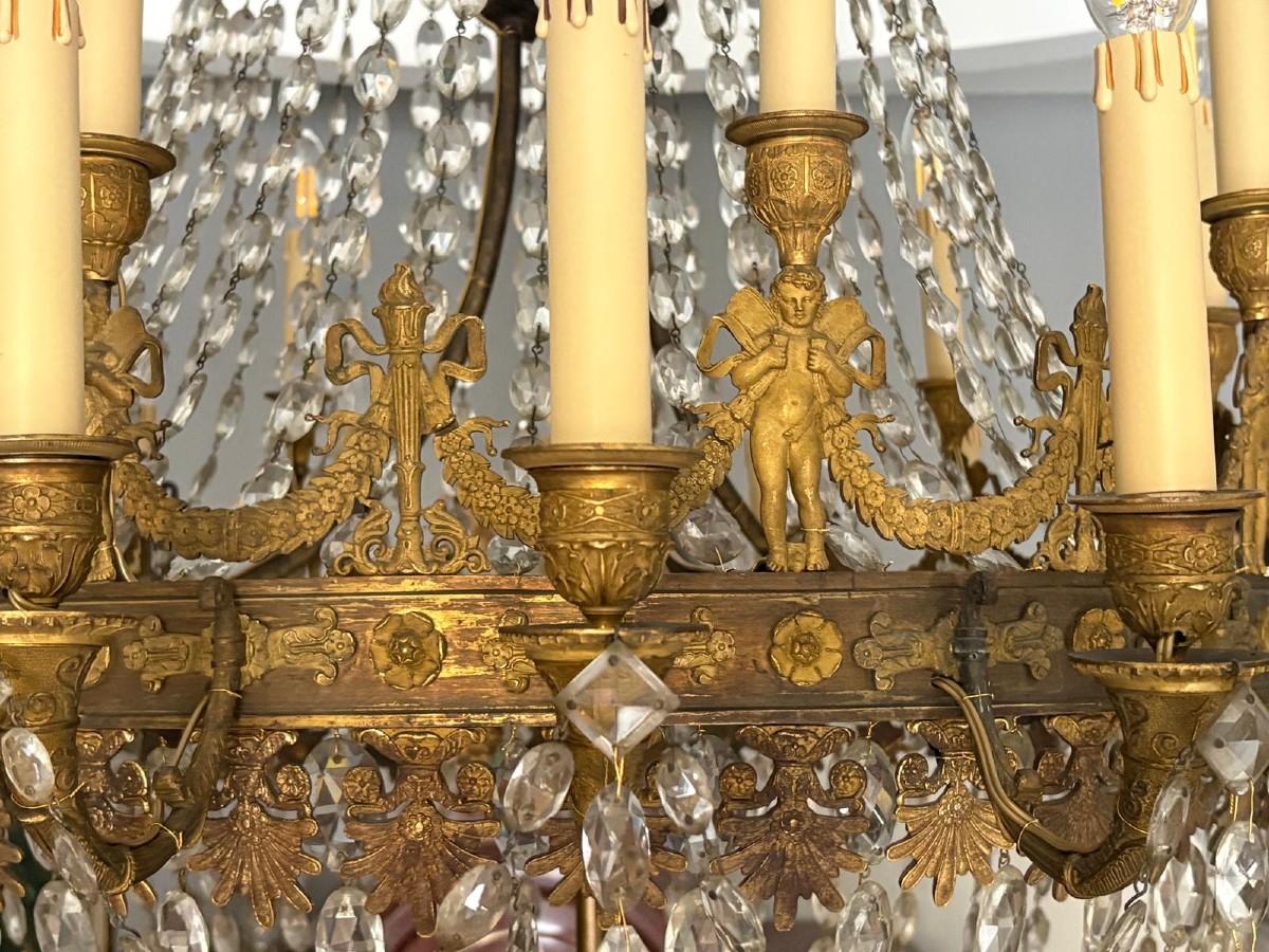 Importante lampadario Impero d’epoca in bronzo dorato e cristallo-photo-3