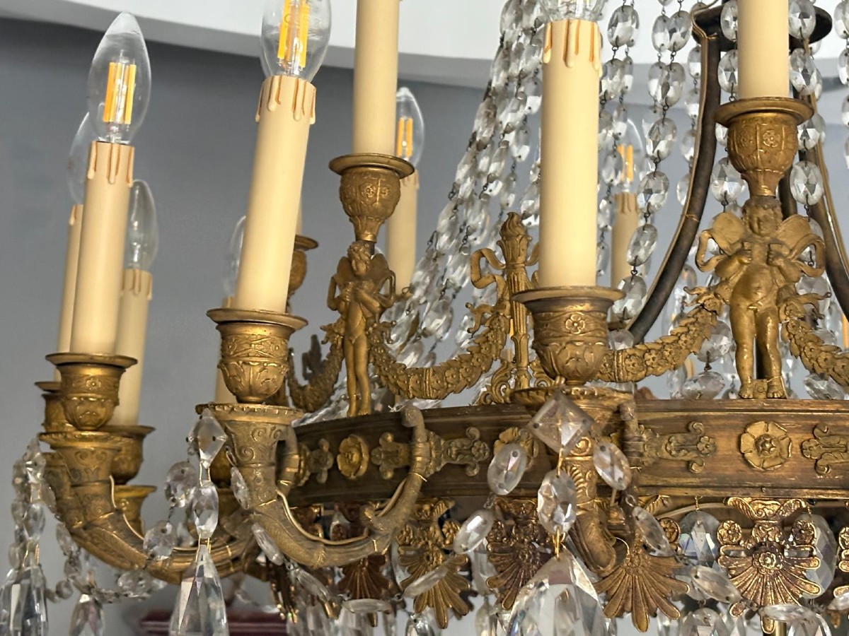 Importante lampadario Impero d’epoca in bronzo dorato e cristallo-photo-4