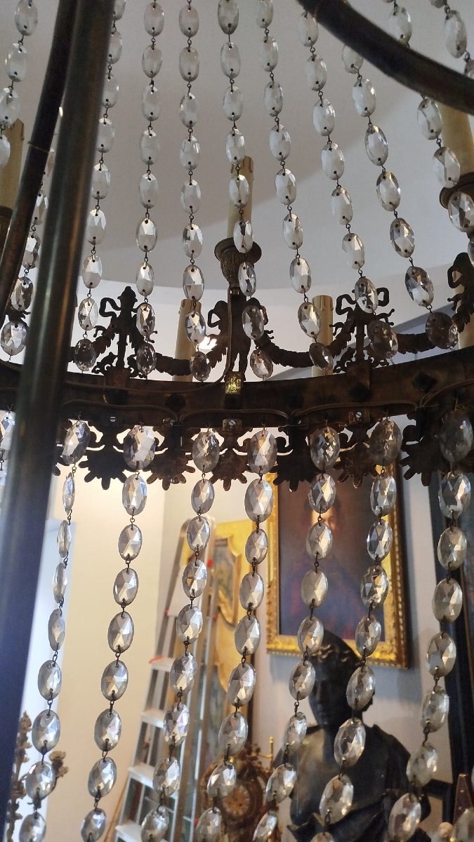 Importante lampadario Impero d’epoca in bronzo dorato e cristallo-photo-1