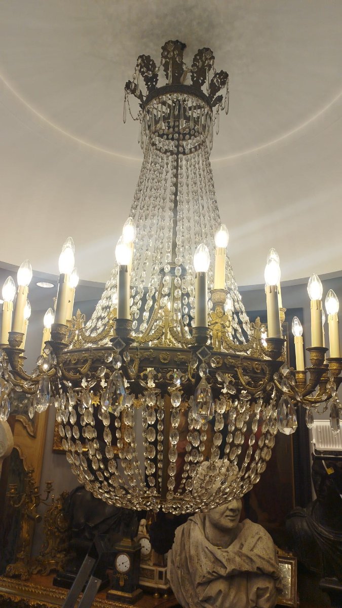 Importante lampadario Impero d’epoca in bronzo dorato e cristallo-photo-3