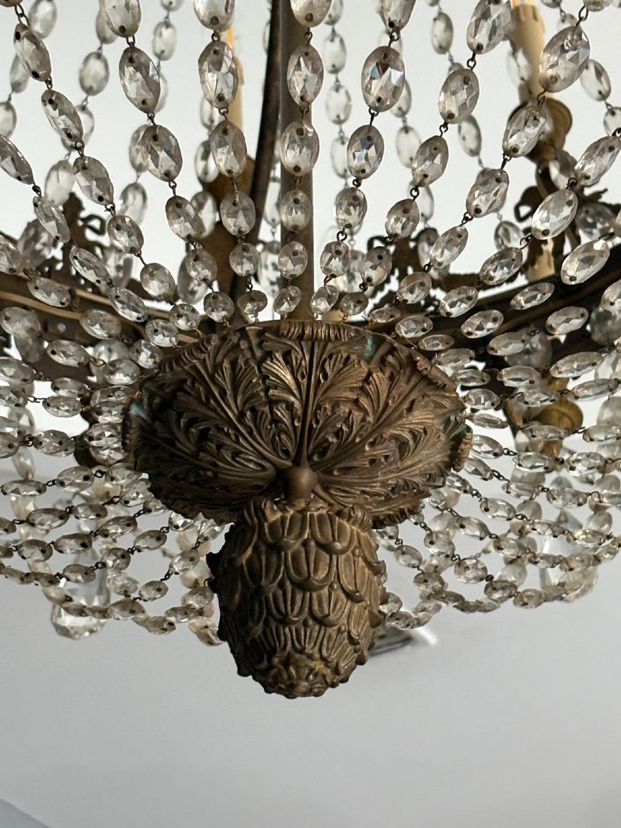 Importante lampadario Impero d’epoca in bronzo dorato e cristallo-photo-3