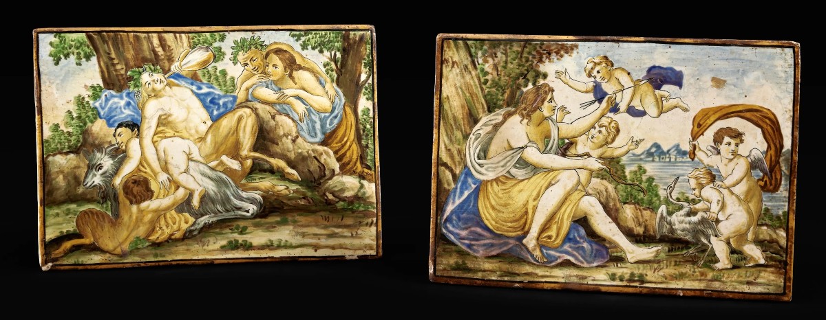 Coppia di Piastrelle in Maiolica Policroma – Castelli, XVII Secolo