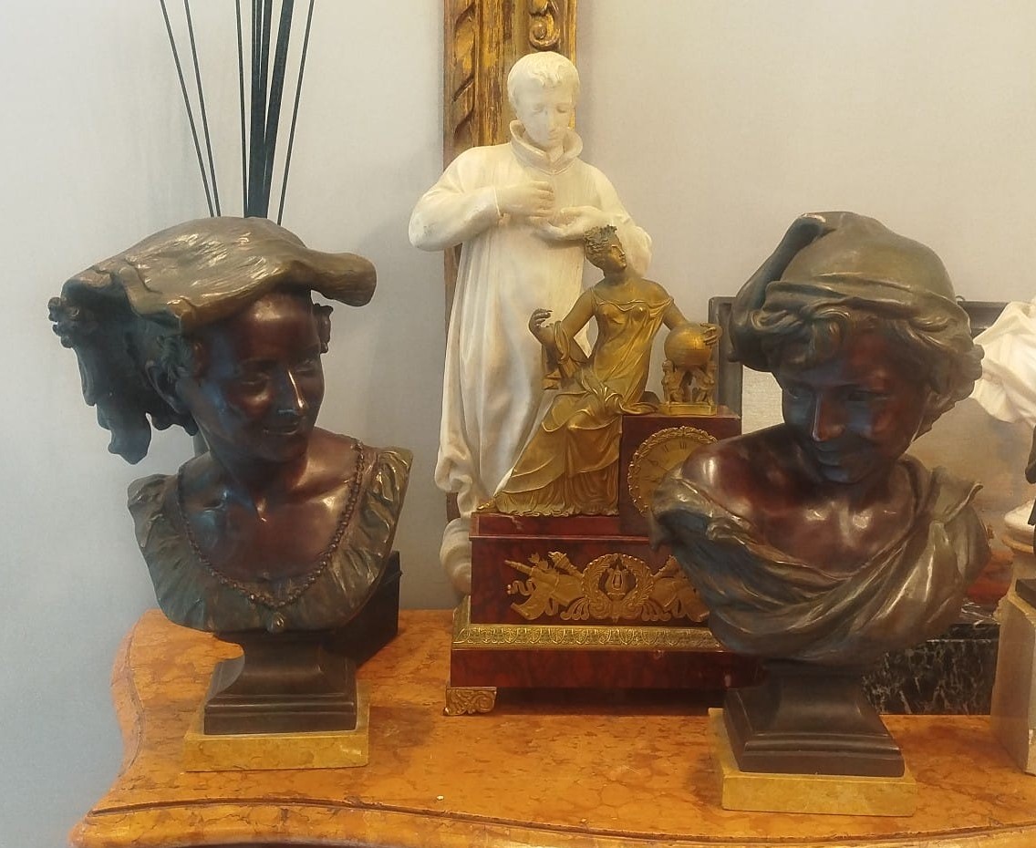 Coppia di statue in bronzo – Popolani su base in marmo, XIX secolo-photo-3