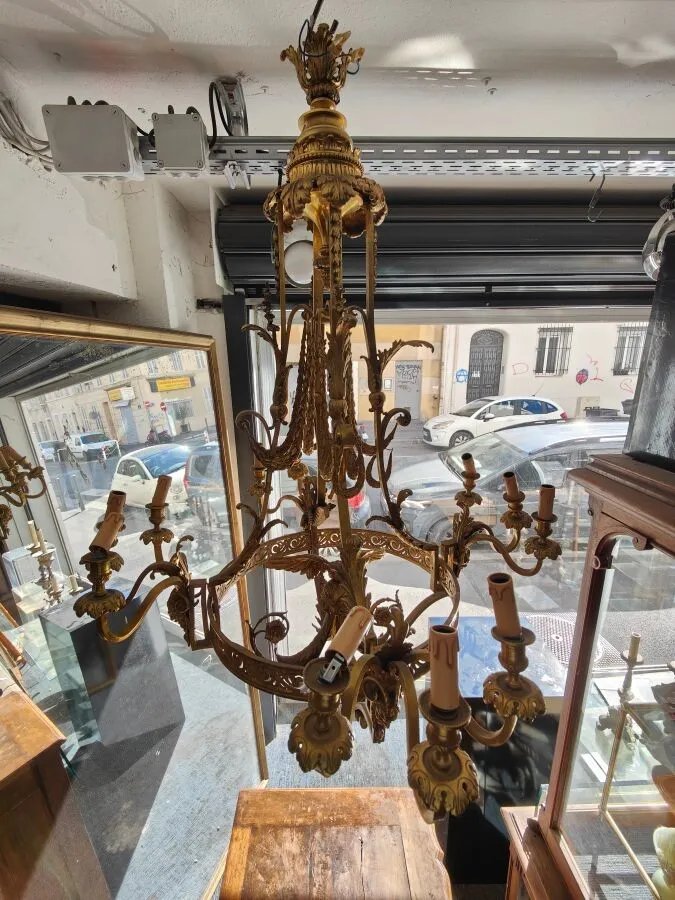 Importante lampadario a gabbia in bronzo dorato a 12 luci – fine XIX secolo-photo-2