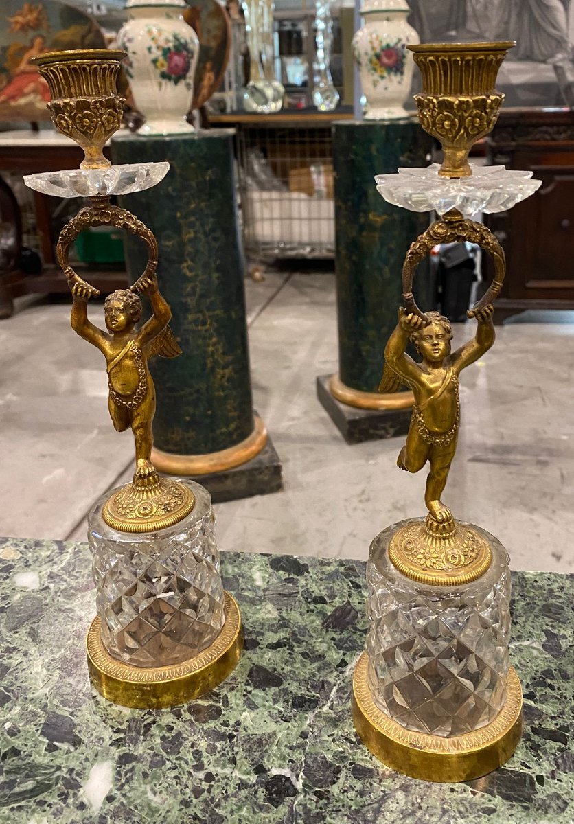 Coppia di candelieri in bronzo dorato e cristallo molato — Epoca Impero / Restaurazione-photo-2