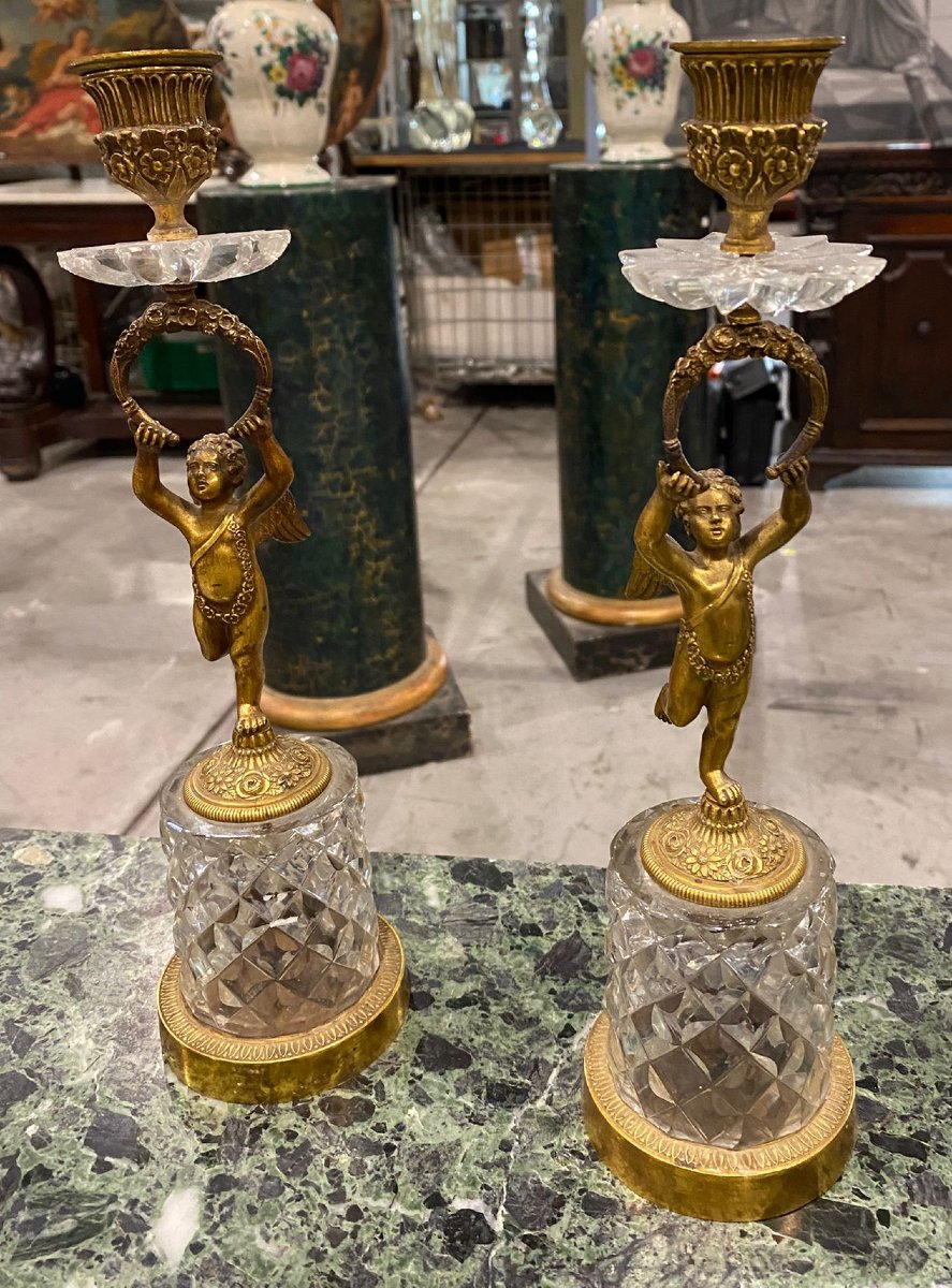 Coppia di candelieri in bronzo dorato e cristallo molato — Epoca Impero / Restaurazione-photo-4