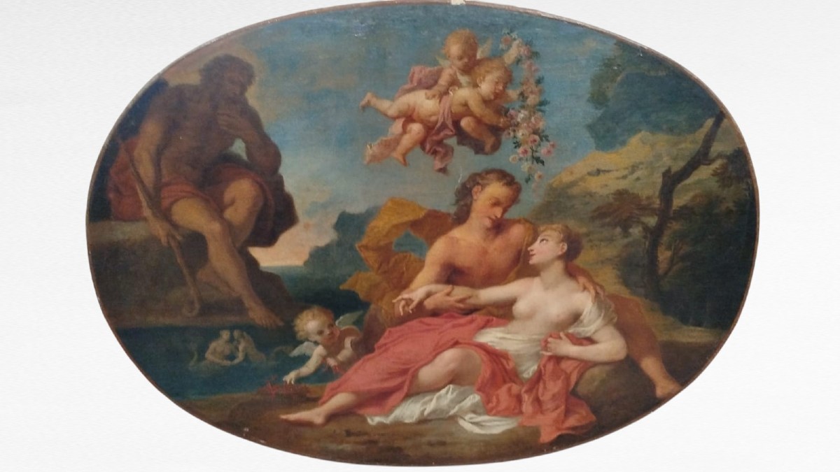 Coppia di dipinti ovali ad olio su tela, soggetti mitologici — XVIII secolo-photo-2