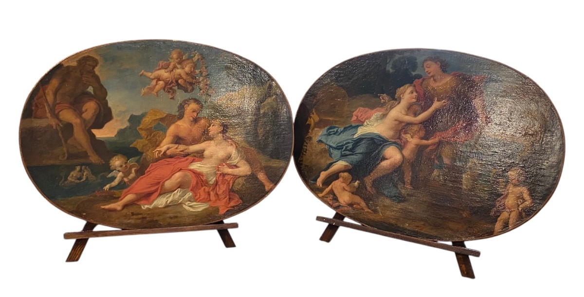 Coppia di dipinti ovali ad olio su tela, soggetti mitologici — XVIII secolo