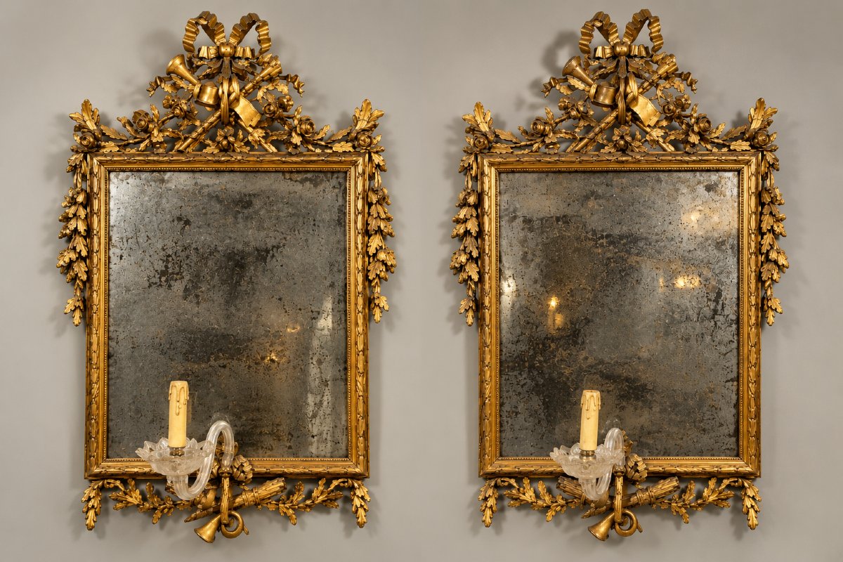 Coppia di specchi Luigi XVI in legno dorato con specchi antichi al mercurio