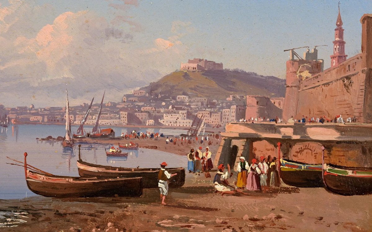 Coppia di dipinti antichi – Vedute di Napoli, Italia, XIX secolo-photo-1