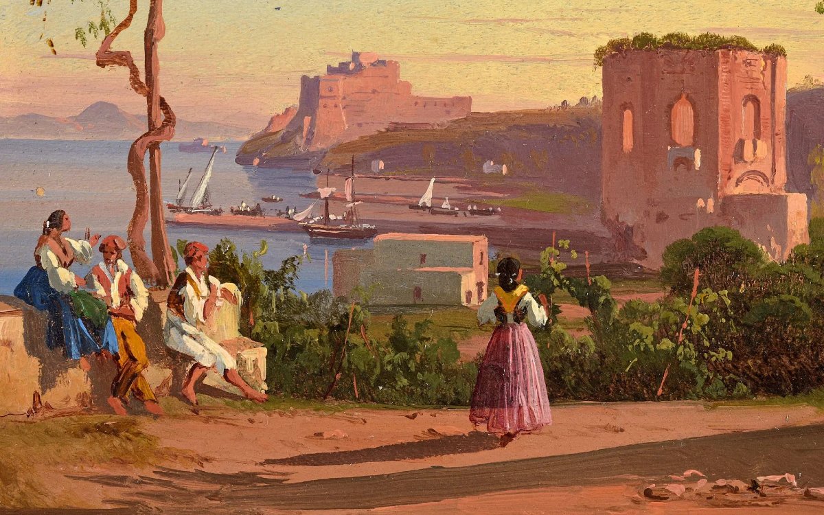 Coppia di dipinti antichi – Vedute di Napoli, Italia, XIX secolo-photo-2